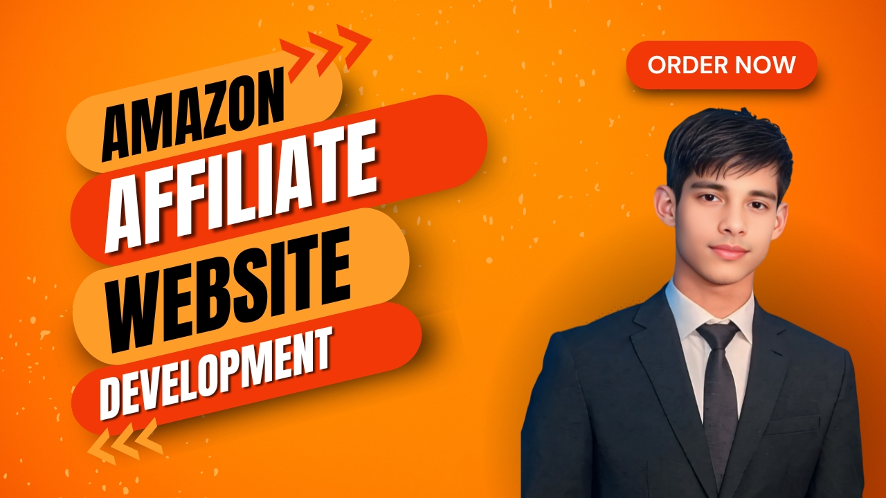 Gig cover image presenting Amazon Affiliate Website Development service by Akaeid Hasan, WordPress and SEO specialist. The design includes a professional portrait of Akaeid Hasan in a suit on a bright orange background with bold headline text “Amazon Affiliate Website Development” and an order now button. The layout visually represents high-converting affiliate websites built for Amazon products with SEO-optimized structure, fast loading speed, product-focused design, and commission-based monetization strategy developed by Akaeid Hasan using WordPress and Elementor.