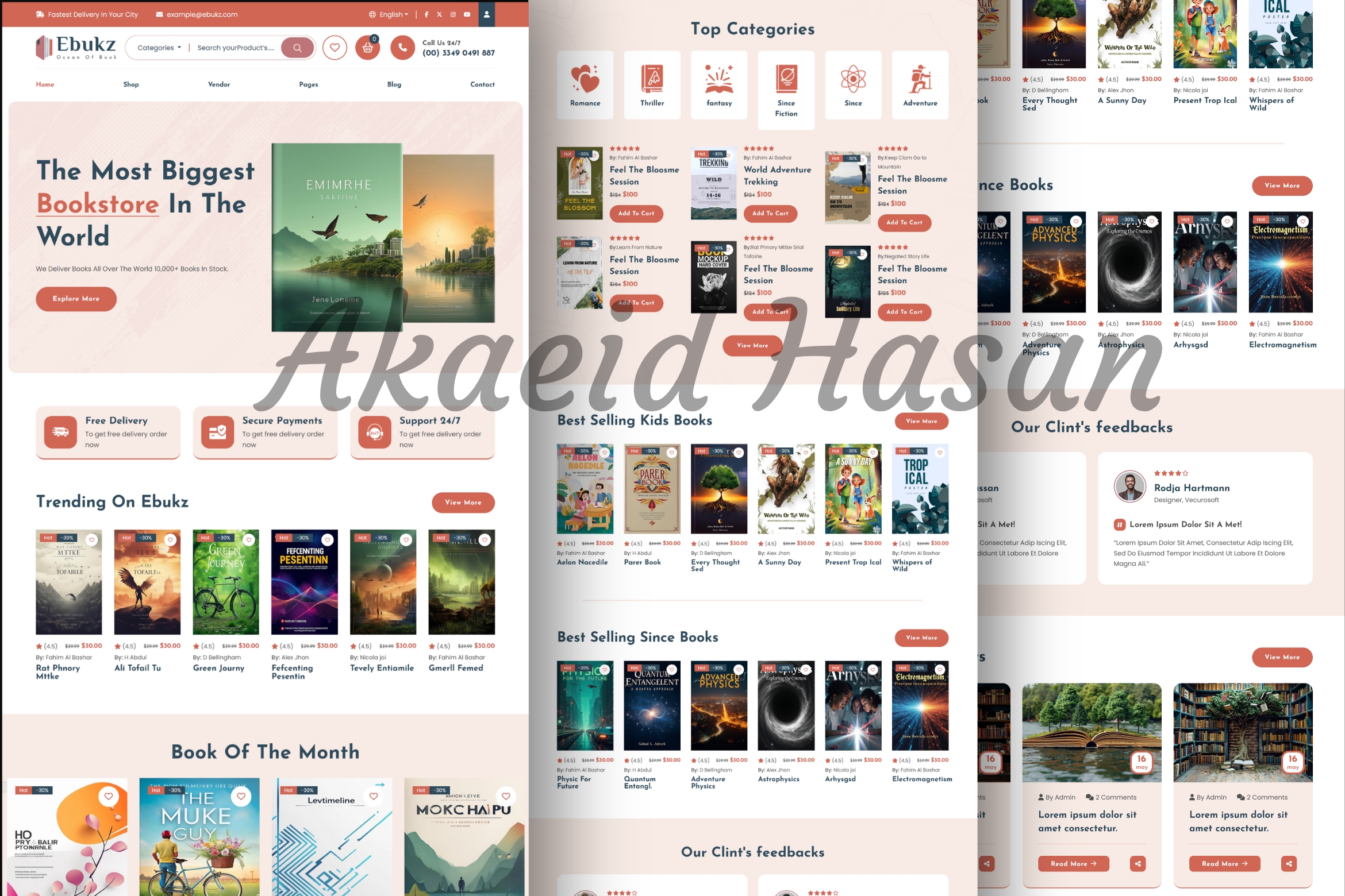 Screenshot of a Book Selling Website project designed and developed by Akaeid Hasan using WordPress, Elementor, and WooCommerce. The image features a modern online bookstore layout with book categories, featured books section, product grid with book covers, pricing details, add to cart functionality, and clean navigation menu. The design highlights a user-friendly e-commerce structure optimized for online book sales, secure checkout system, and fast browsing experience. This project represents a fully functional book selling website created by Akaeid Hasan with modern UI/UX and conversion-focused design.