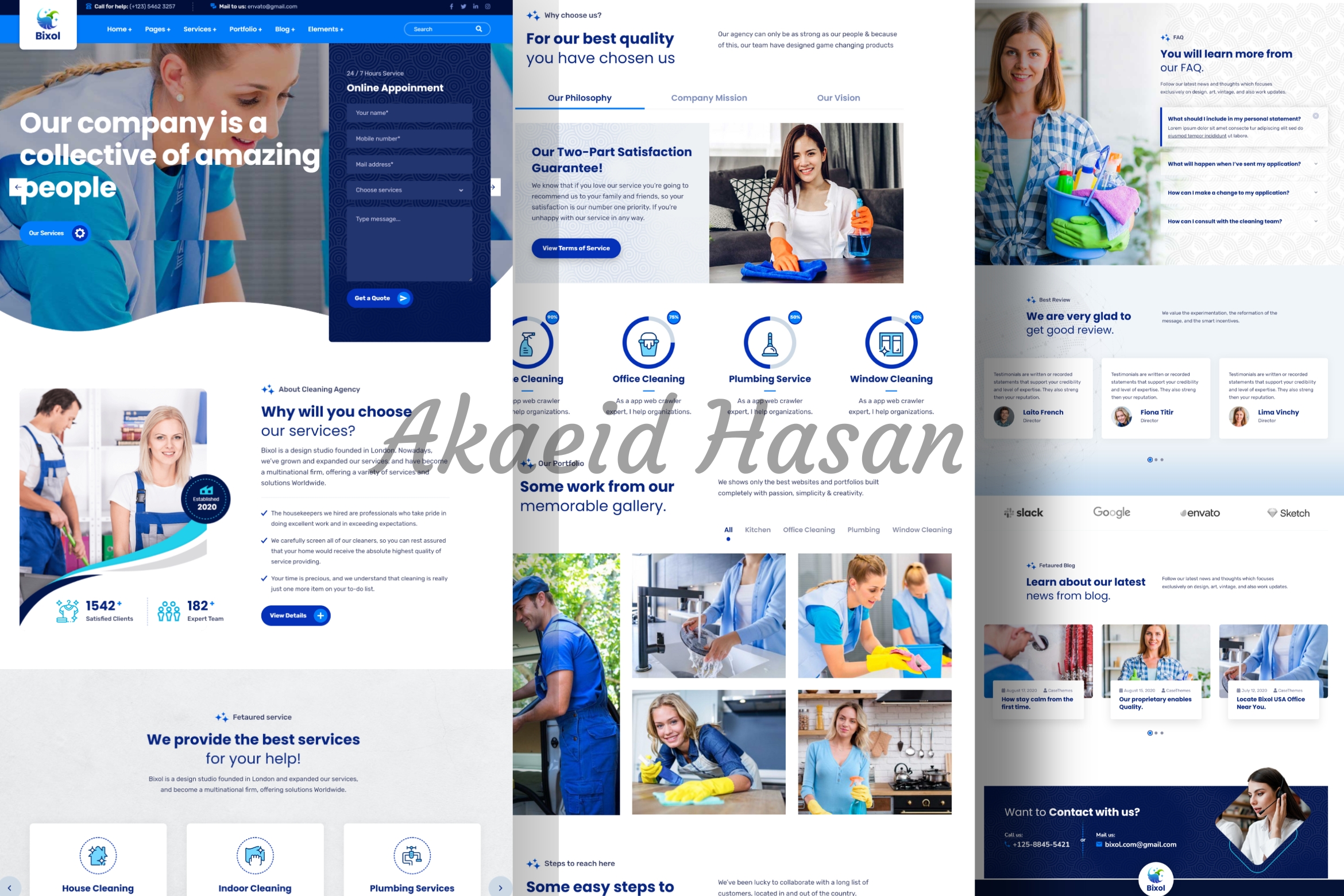 Screenshot of a Cleaning Service Website project developed by Akaeid Hasan using WordPress and WooCommerce integration. The image presents a professional service-based website layout with service sections, company introduction, booking or contact form, service highlights, team information, and responsive design structure. The design focuses on lead generation, customer trust, and clear call-to-action elements. This project represents a fully functional cleaning service business website created by Akaeid Hasan with modern UI design and performance optimization.