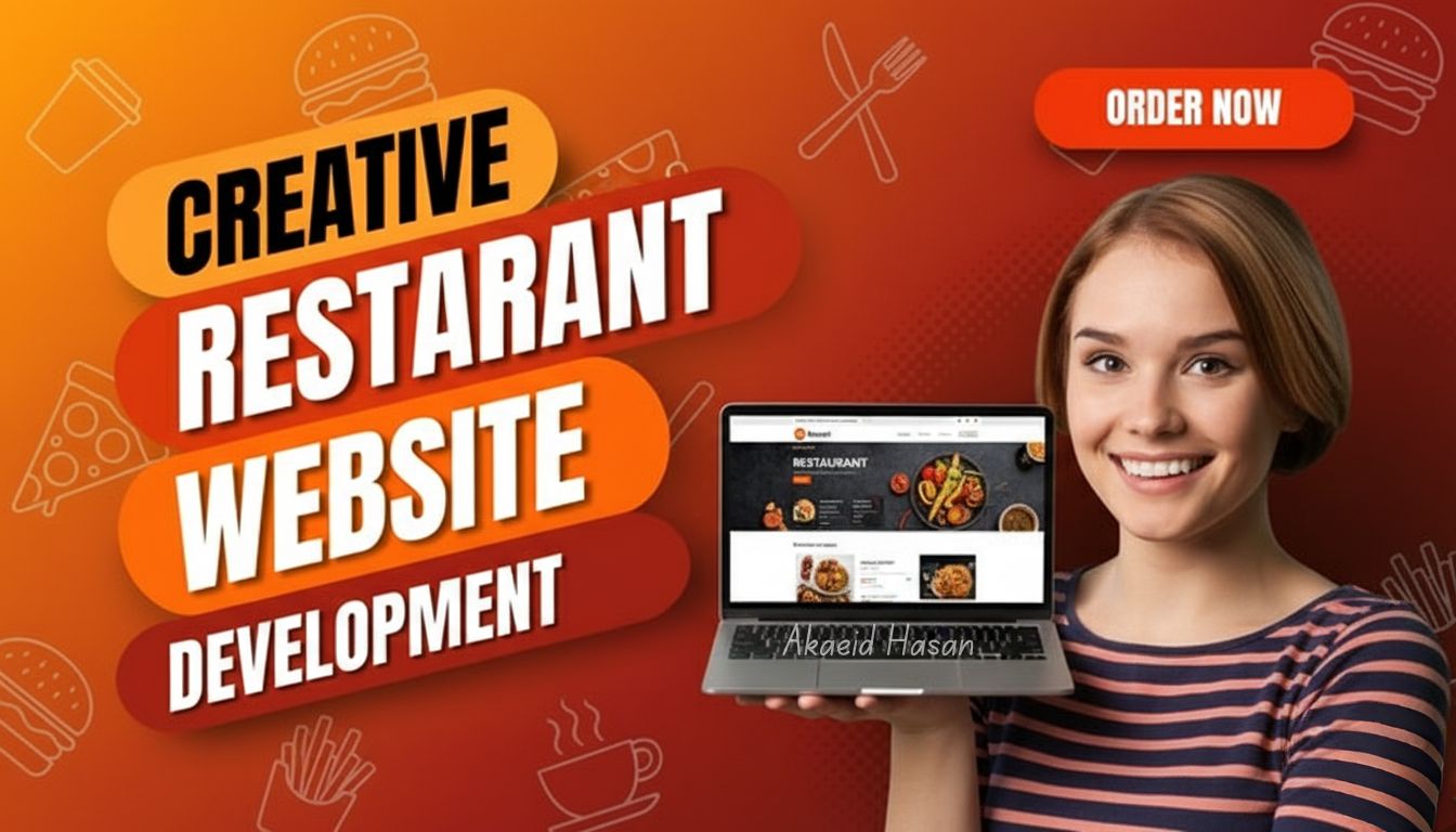 Gig cover image showcasing Creative Restaurant Website Development service by Akaeid Hasan, WordPress Web Developer. The image features a smiling woman holding a laptop displaying a restaurant website with food menu layout, online ordering system, and modern UI design. Bold headline text says “Creative Restaurant Website Development” with orange and red gradient background and order now button. This design represents custom restaurant websites with online menu, food gallery, contact form, and mobile-friendly ordering system built using WordPress, Elementor, and eCommerce solutions by Akaeid Hasan.