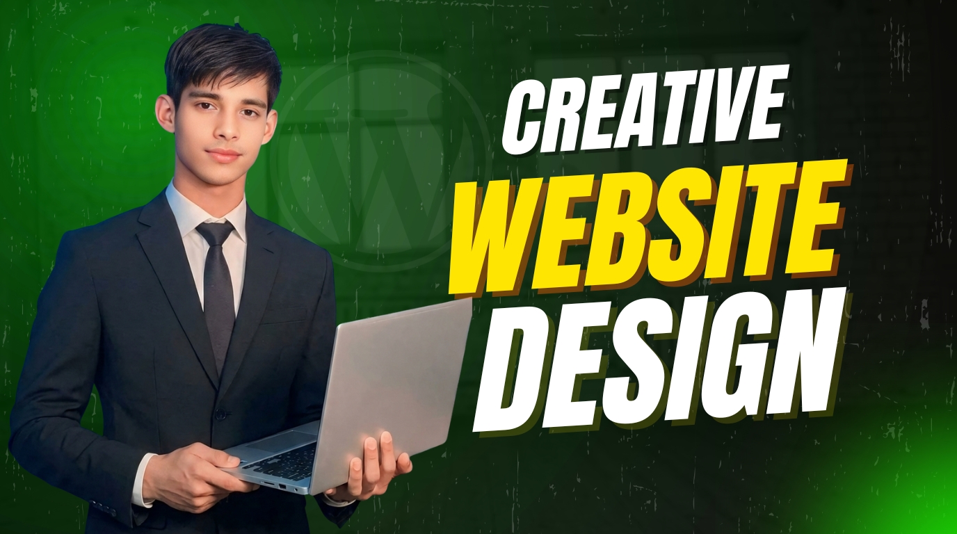 Gig cover image highlighting Creative Website Design service by Akaeid Hasan, professional web designer and WordPress developer. The image displays Akaeid Hasan holding a laptop on a green textured background with bold headline text “Creative Website Design.” The layout emphasizes visually stunning website design focused on branding, user engagement, and conversion optimization. This represents custom-designed WordPress websites built with Elementor and modern UI principles to impress visitors and convert them into real customers, developed by Akaeid Hasan.