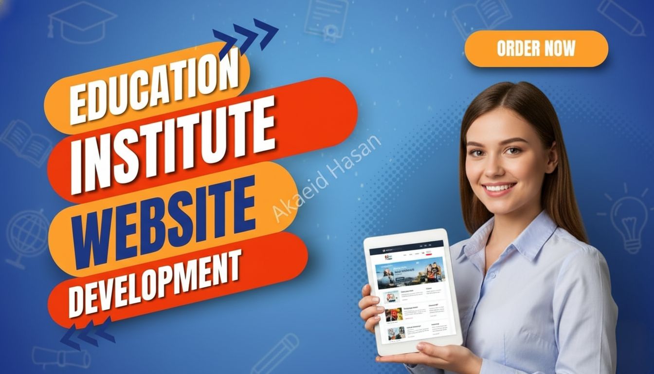 Gig cover image presenting Education Institute Website Development service by Akaeid Hasan, professional WordPress developer. The image shows a female model holding a tablet displaying an education website interface with course pages and structured layout. Headline text reads “Education Institute Website Development” on a blue gradient background with modern academic design elements and order now button. This represents responsive education websites with admission forms, course management features, and student-friendly design created using WordPress, Elementor, and eCommerce tools by Akaeid Hasan.