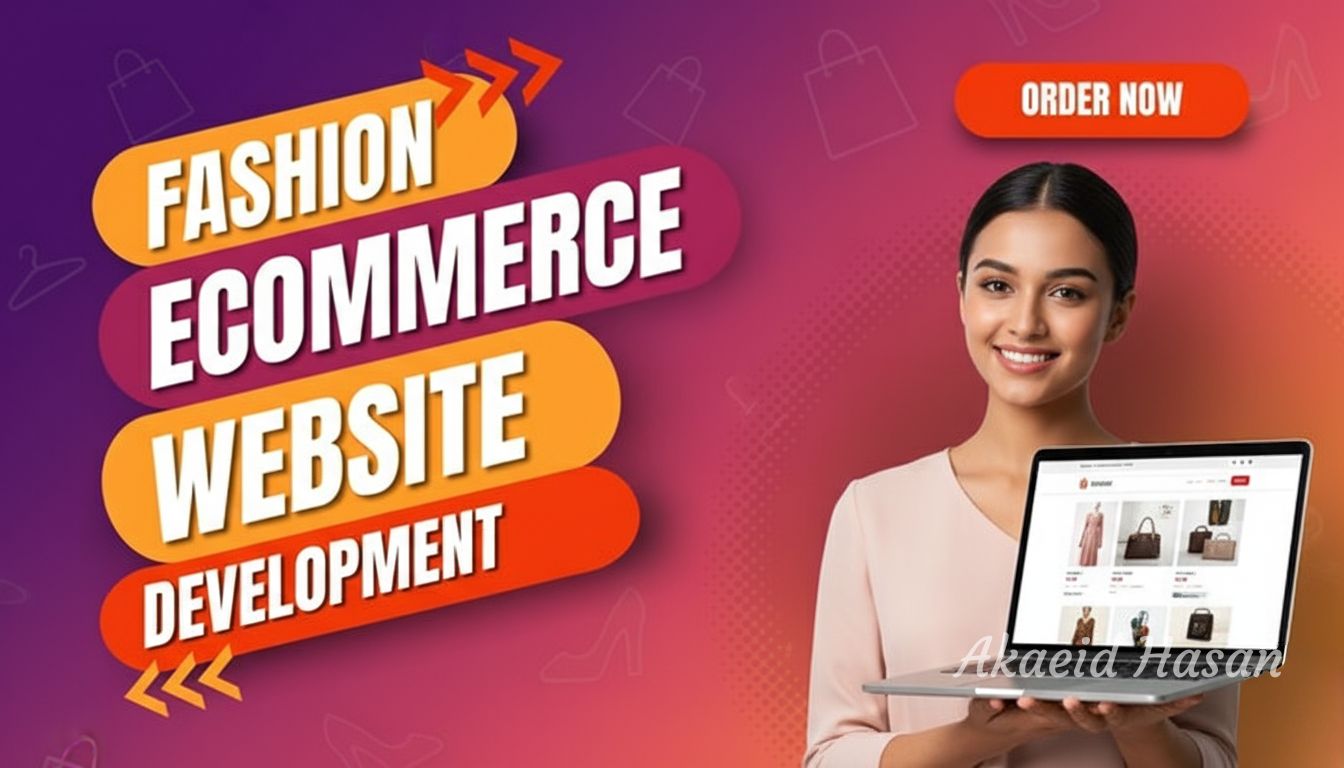 Gig cover image highlighting Fashion eCommerce Website Development service by Akaeid Hasan, WordPress and eCommerce specialist. The image includes a female model holding a laptop displaying an online fashion store with product showcase, shopping cart, and checkout system. Bold headline text says “Fashion eCommerce Website Development” with vibrant purple and pink gradient background and order now button. This design represents modern, conversion-focused online fashion stores built using WordPress, Elementor, WooCommerce, and custom eCommerce solutions by Akaeid Hasan.