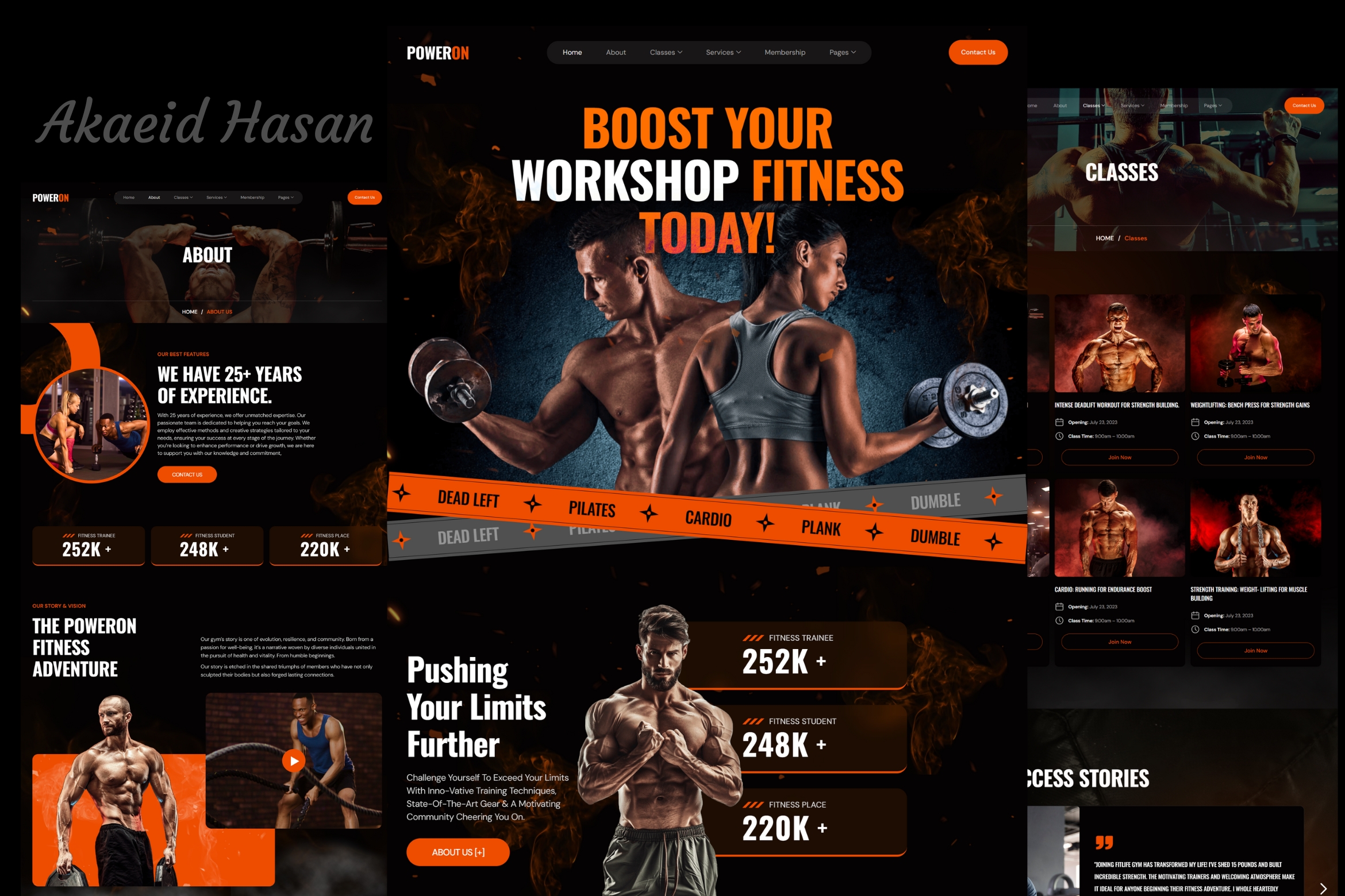 Screenshot of a Fitness & Gym Website project designed and developed by Akaeid Hasan using WordPress and Elementor. The image features a modern gym website layout with fitness class schedules, trainer profiles, membership plans, and motivational imagery. The design focuses on user engagement, clear navigation, and conversion optimization for gym memberships. This project represents a fully functional fitness website created by Akaeid Hasan with responsive design, fast loading speed, and SEO-friendly structure to attract more clients online.