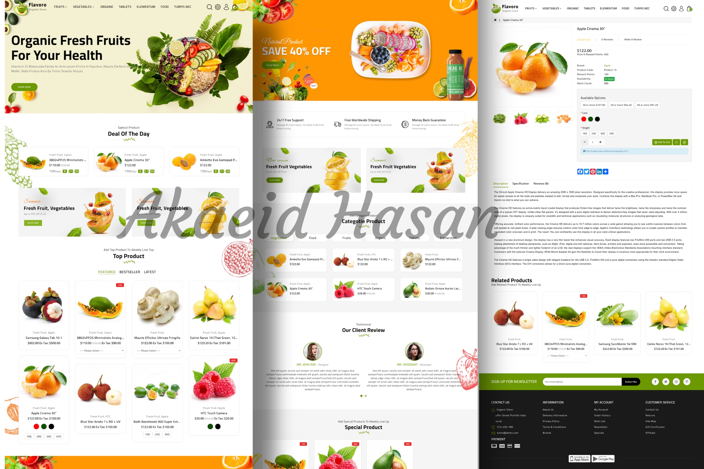 Screenshot of a Grocery eCommerce Website project built by Akaeid Hasan using WordPress, WooCommerce, and Elementor. The image shows an online grocery store interface featuring fresh fruits and product listings, category sections, product details page, pricing, shopping cart system, and organized layout for easy navigation. The website is designed for local grocery business with fast loading speed, mobile responsiveness, secure checkout, and SEO-friendly structure. This project demonstrates a complete online grocery shopping platform developed by Akaeid Hasan.