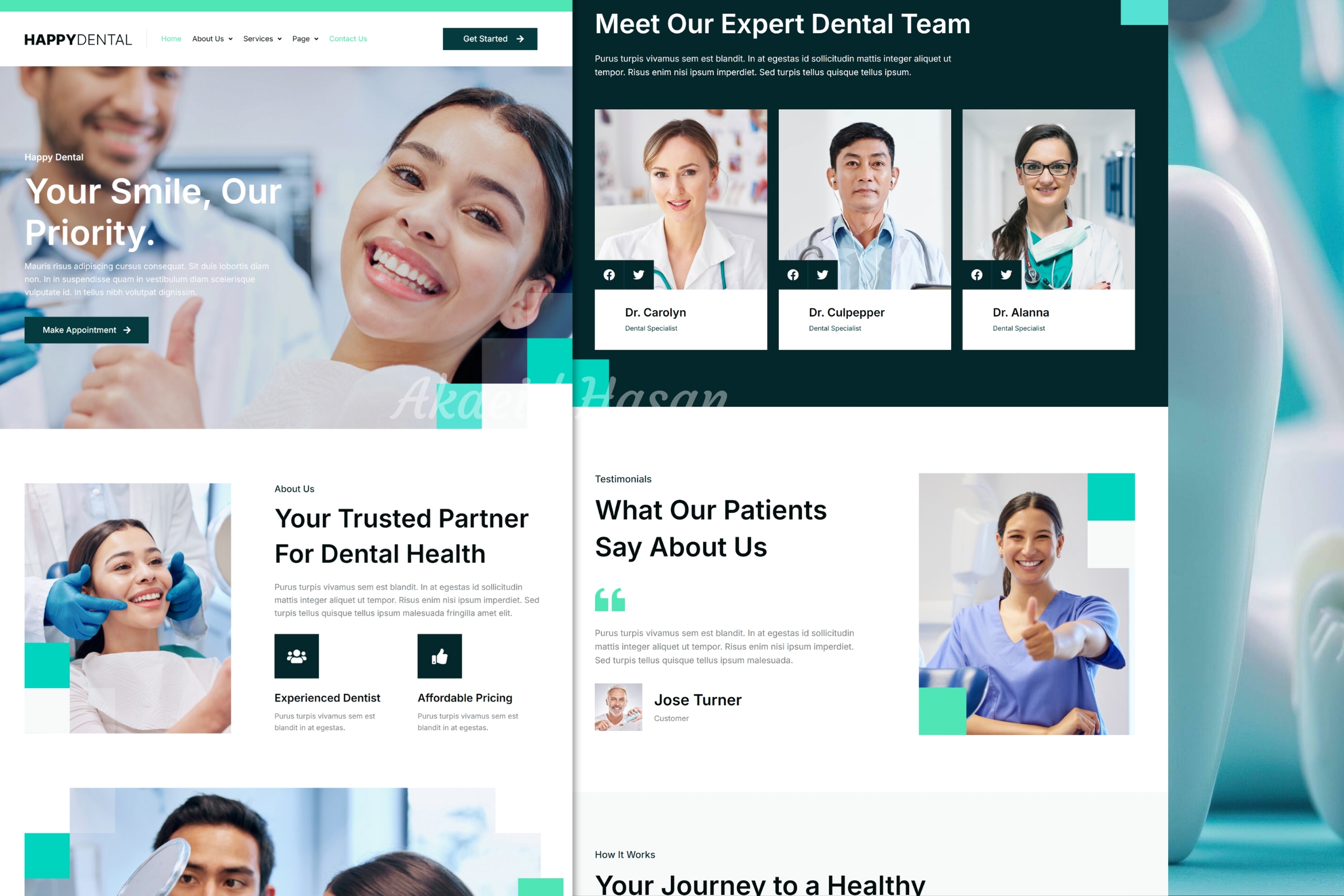 Screenshot of a Medical & Dental Website project designed and developed by Akaeid Hasan using WordPress, Elementor, and WooCommerce. The image shows a clean and professional healthcare website layout featuring medical services, doctor profiles, patient testimonials, appointment booking system, and contact information. The design focuses on building trust, showcasing services, and providing an easy patient booking experience. This project represents a fully functional medical and dental clinic website created by Akaeid Hasan with responsive design, fast loading speed, and SEO-friendly structure to attract more patients online.