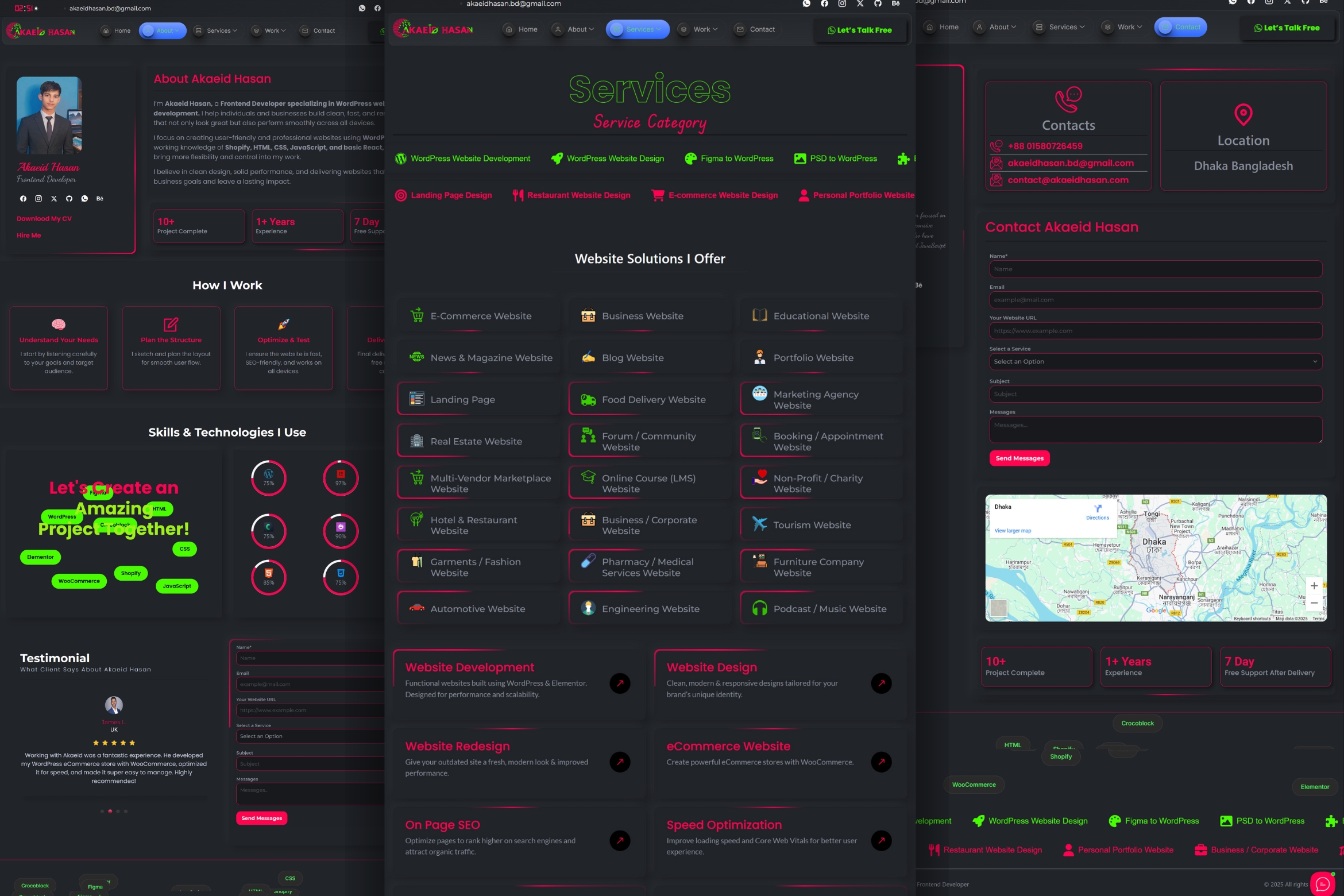 Screenshot of a Personal Portfolio Website project designed and developed by Akaeid Hasan using WordPress and Elementor. The image features a modern and clean portfolio website layout with sections for showcasing skills, projects, experience, and contact information. The design focuses on personal branding, visual appeal, and user engagement to attract potential clients or employers. This project represents a fully functional personal portfolio website created by Akaeid Hasan with responsive design, fast loading speed, and SEO-friendly structure to effectively showcase an individual's professional profile online.