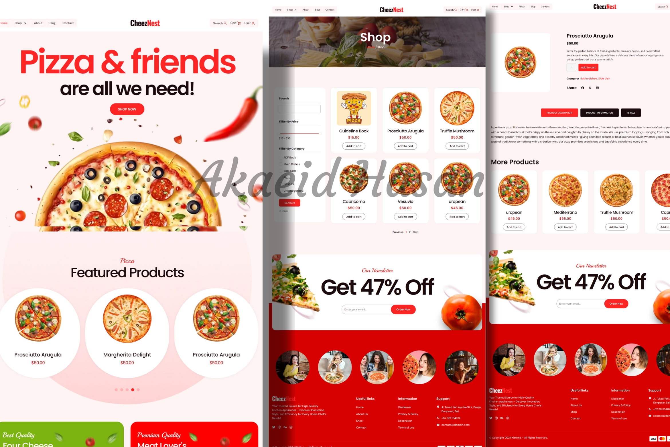 Screenshot of a Pizza Restaurant Food Website project designed and developed by Akaeid Hasan using WordPress and Elementor. The image features a modern and attractive restaurant website layout with sections for menu display, services, customer testimonials, and contact information. The design focuses on showcasing the restaurant's offerings, attracting more customers online, and providing an easy browsing experience. This project represents a fully functional restaurant website created by Akaeid Hasan with responsive design, fast loading speed, and SEO-friendly structure to help food businesses grow their online presence.