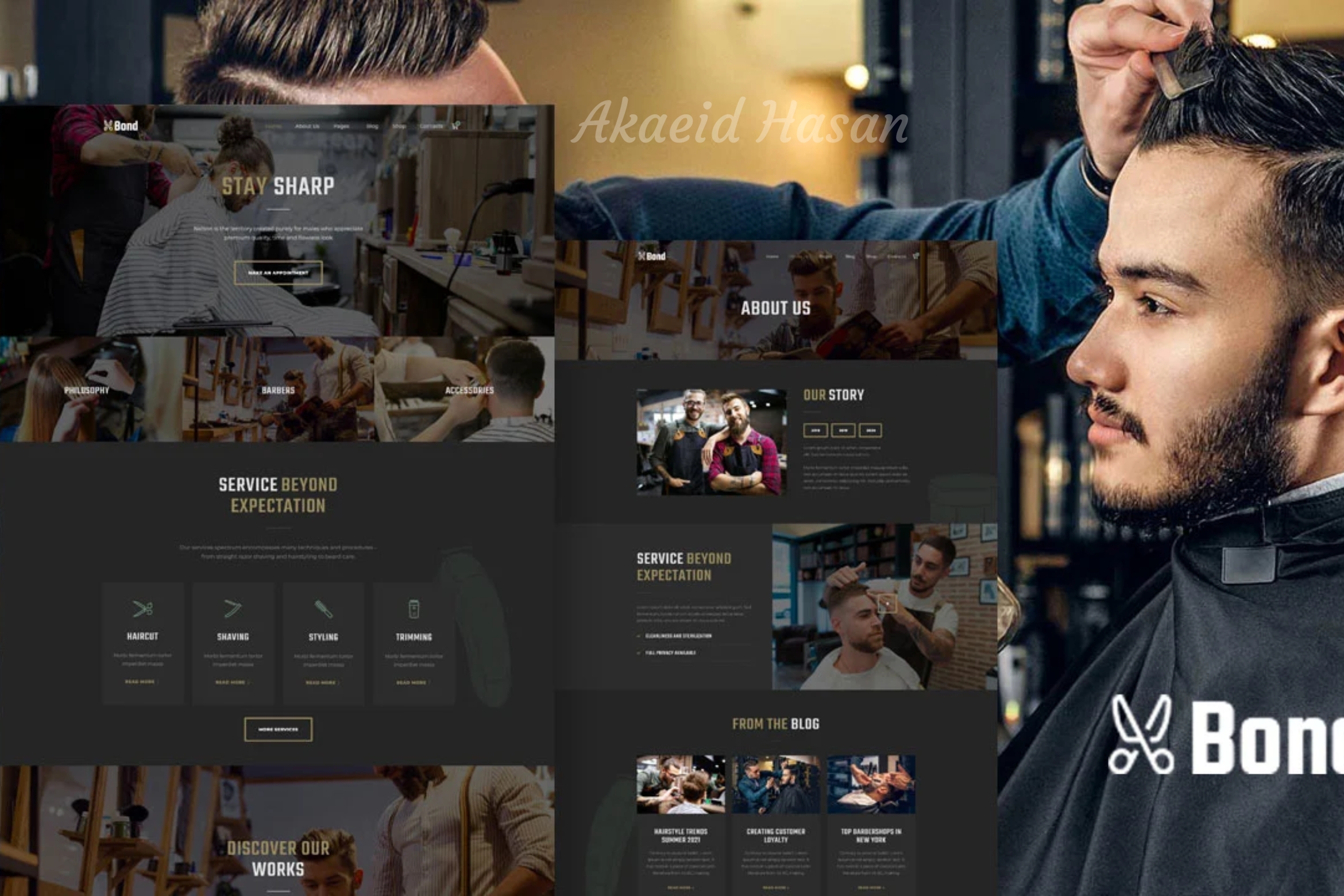 Screenshot of a Salon & Beauty Website project designed and developed by Akaeid Hasan using WordPress and Elementor. The image features an elegant salon website layout with sections for services, pricing, booking system, and contact information. The design focuses on highlighting the salon's offerings, creating a stylish and mobile-friendly experience to attract more customers online. This project represents a fully functional salon and beauty website created by Akaeid Hasan with responsive design, fast loading speed, and SEO-friendly structure to help beauty businesses grow their online presence.